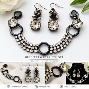 Gunmetal Gray Rhinestone Magnetic Clasp Bracelet Dangle Earrings Set 2pc Vintage